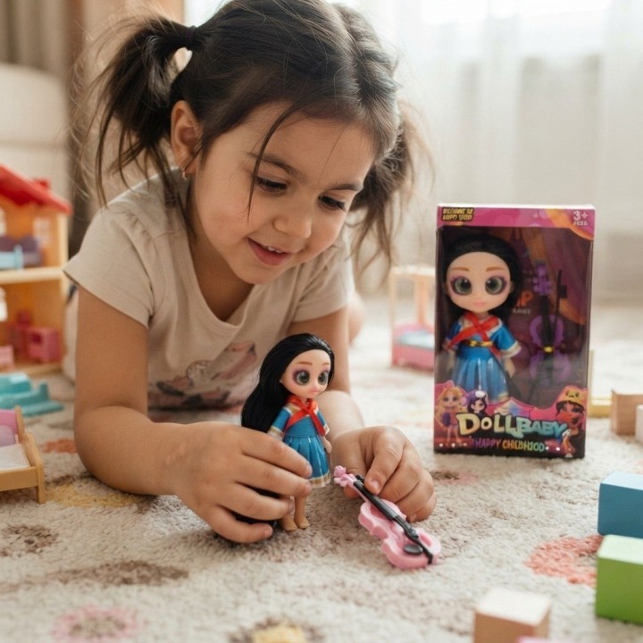 Muñeca Cabello Largo Ojos Grandes Y Violín De Juguete
