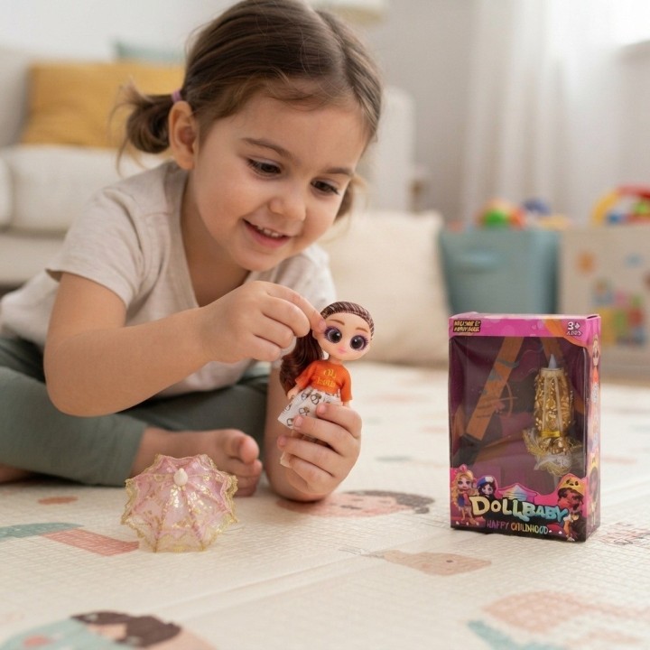 Muñeca Dollbaby Con Ojos Grandes, Cabello Largo Y Sombrilla