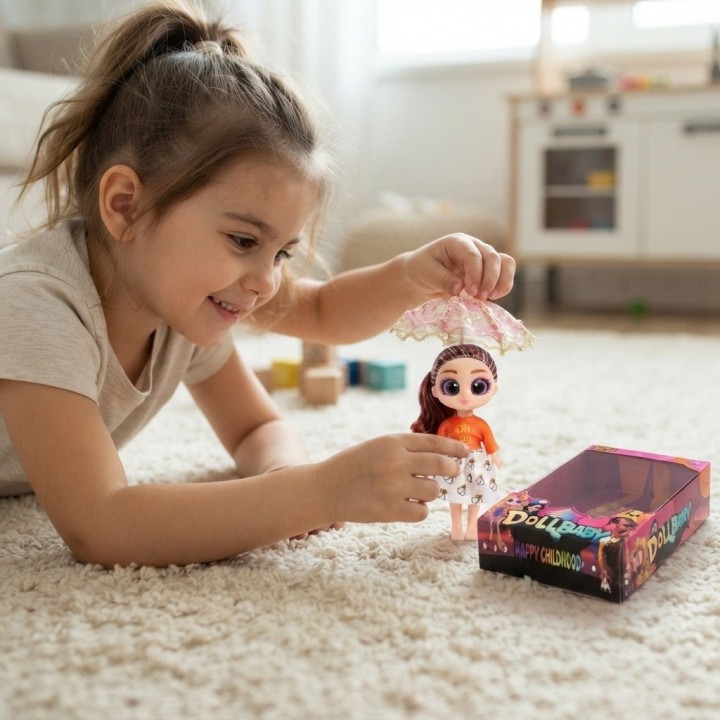 Muñeca Dollbaby Con Ojos Grandes, Cabello Largo Y Sombrilla