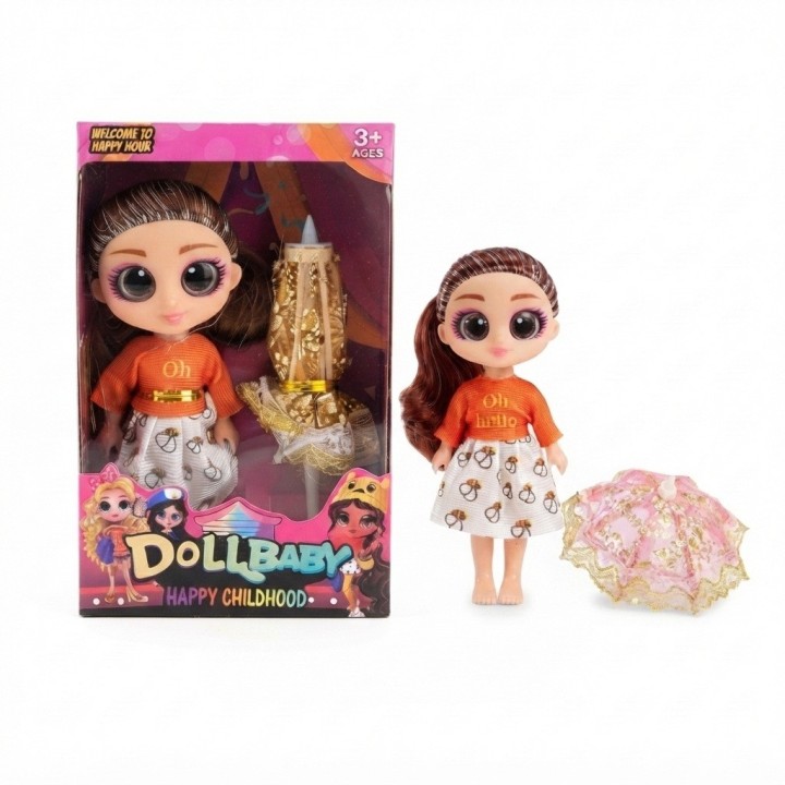 Muñeca Dollbaby Con Ojos Grandes, Cabello Largo Y Sombrilla