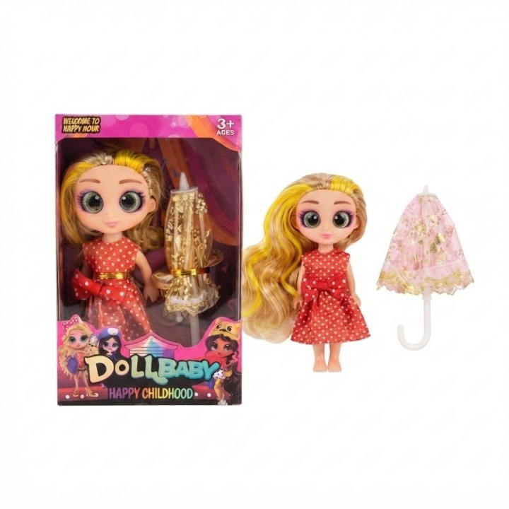 Muñeca Dollbaby Con Ojos Grandes, Cabello Largo Y Sombrilla