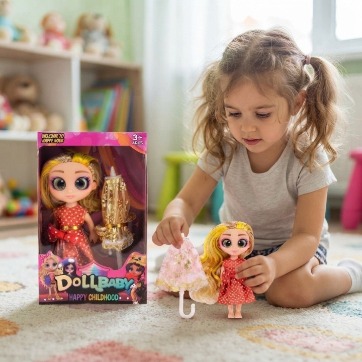 Muñeca Dollbaby Con Ojos Grandes, Cabello Largo Y Sombrilla
