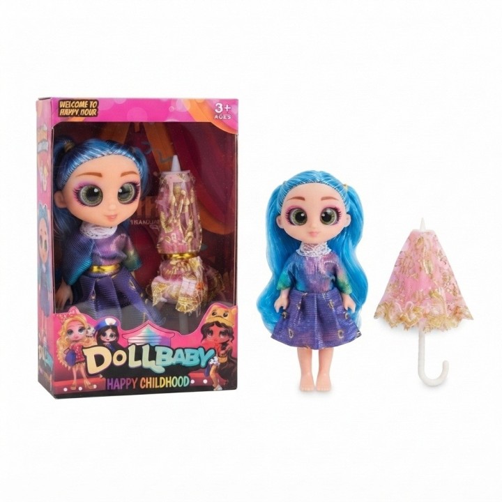 Muñeca Dollbaby Con Ojos Grandes, Cabello Largo Y Sombrilla