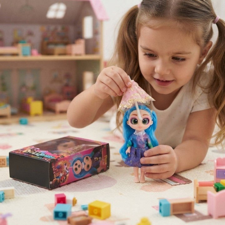 Muñeca Dollbaby Con Ojos Grandes, Cabello Largo Y Sombrilla