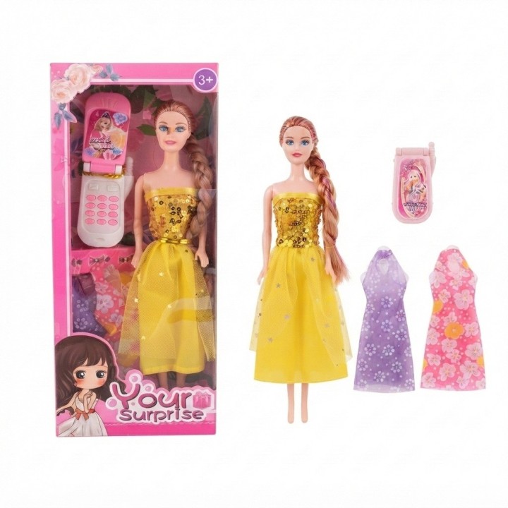 Set Muñeca De Moda Con 3 Vestidos Y Teléfono