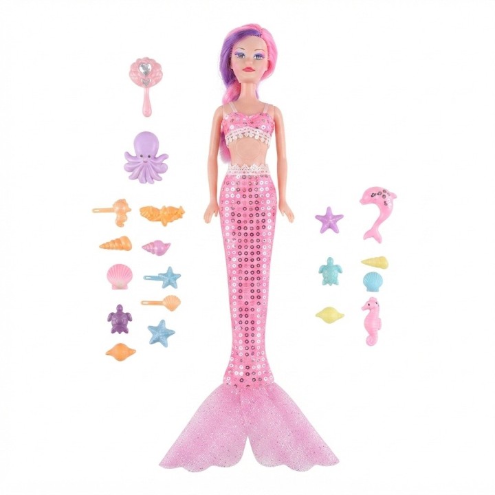 Muñeca Sirena Grande Brillante + Accesorios Del Mar