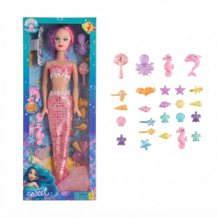 Muñeca Sirena Grande Brillante + Accesorios Del Mar
