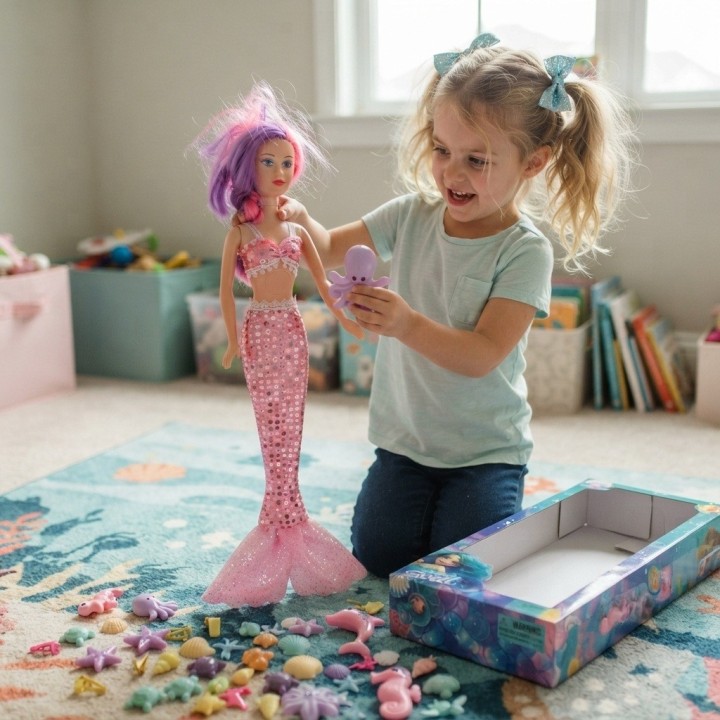 Muñeca Sirena Grande Brillante + Accesorios Del Mar