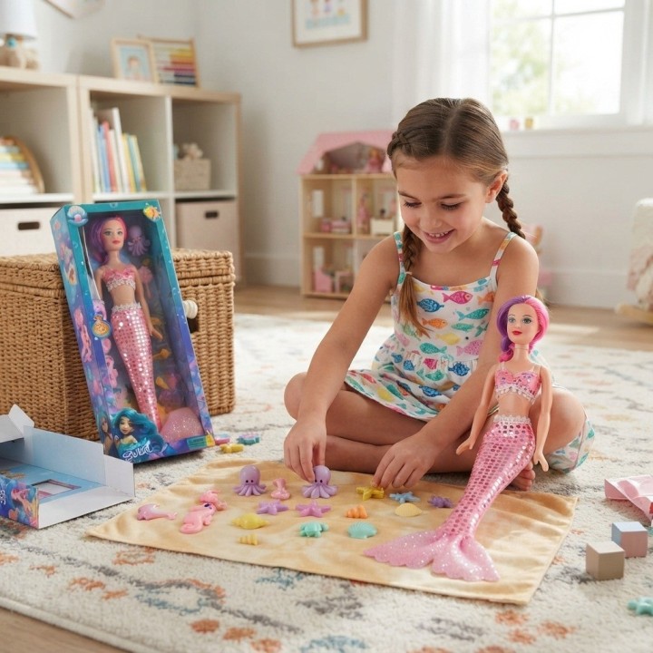 Muñeca Sirena Grande Brillante + Accesorios Del Mar