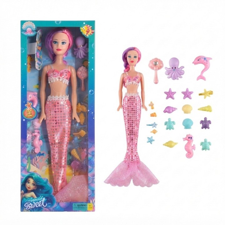 Muñeca Sirena Grande Brillante + Accesorios Del Mar