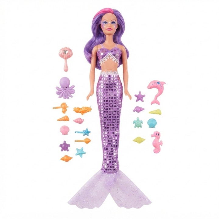 Muñeca Sirena Grande Brillante + Accesorios Del Mar