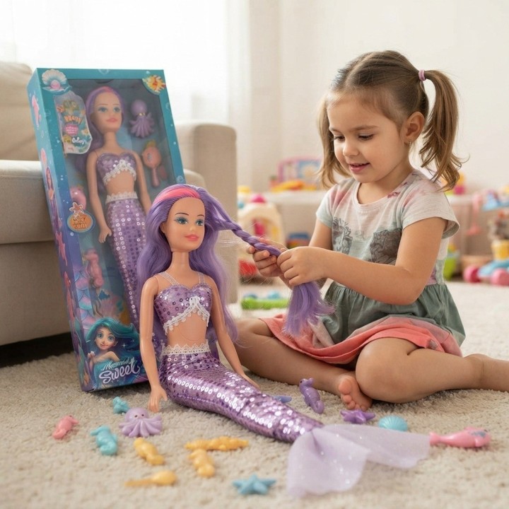 Muñeca Sirena Grande Brillante + Accesorios Del Mar