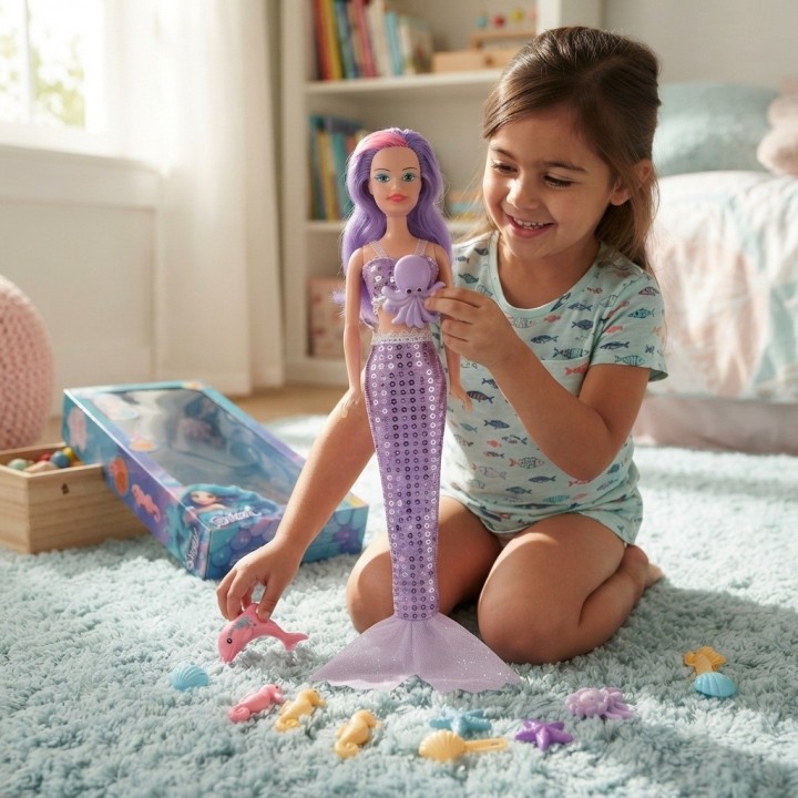 Muñeca Sirena Grande Brillante + Accesorios Del Mar
