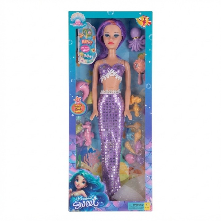 Muñeca Sirena Grande Brillante + Accesorios Del Mar