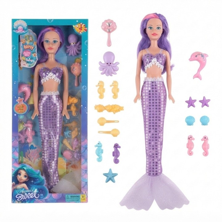 Muñeca Sirena Grande Brillante + Accesorios Del Mar