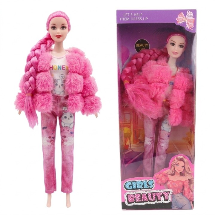 Muñeca Fashion Trenza Larga Con Chaqueta Peluche