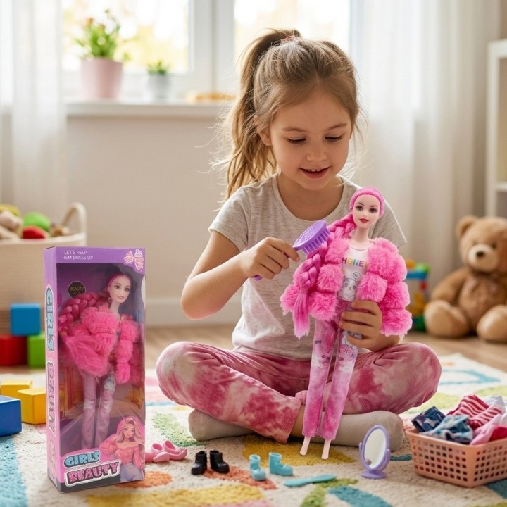 Muñeca Fashion Trenza Larga Con Chaqueta Peluche