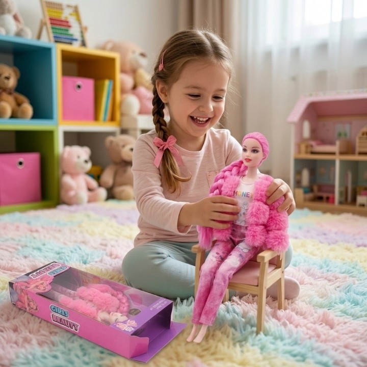 Muñeca Fashion Trenza Larga Con Chaqueta Peluche