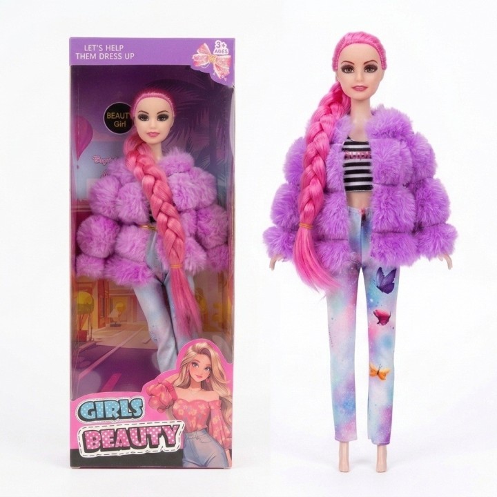 Muñeca Fashion Trenza Larga Con Chaqueta Peluche