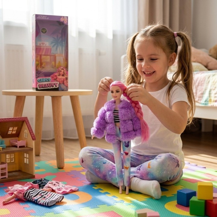 Muñeca Fashion Trenza Larga Con Chaqueta Peluche