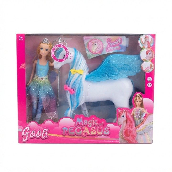 Set Muñeca Princesa Y Caballo Pegaso Alado Con Luz