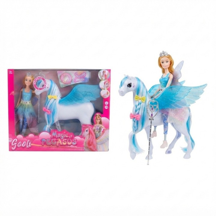 Set Muñeca Princesa Y Caballo Pegaso Alado Con Luz