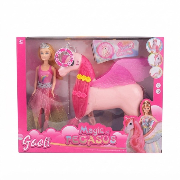 Set Muñeca Princesa Y Caballo Pegaso Alado Con Luz