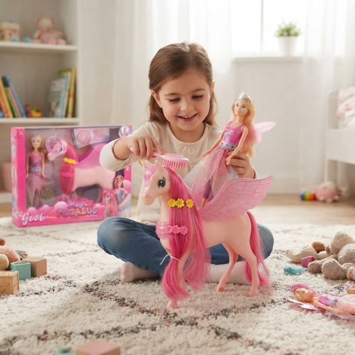 Set Muñeca Princesa Y Caballo Pegaso Alado Con Luz