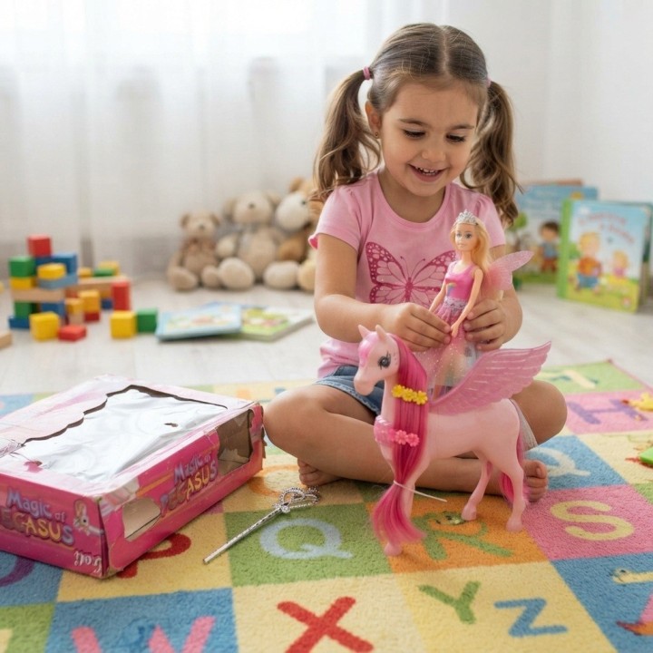 Set Muñeca Princesa Y Caballo Pegaso Alado Con Luz