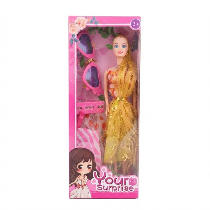 Set Muñeca Your Surprise Cabello Largo + Ropa Y Gafas