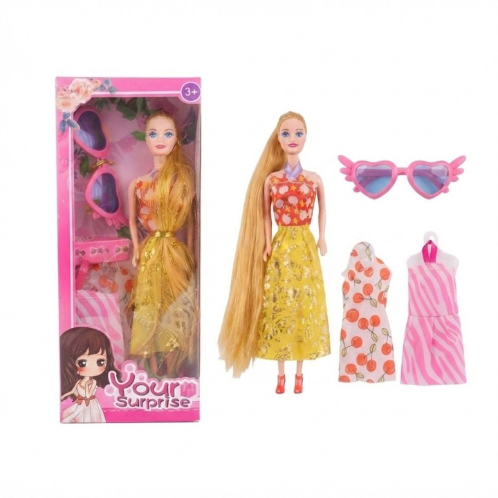 Set Muñeca Your Surprise Cabello Largo + Ropa Y Gafas