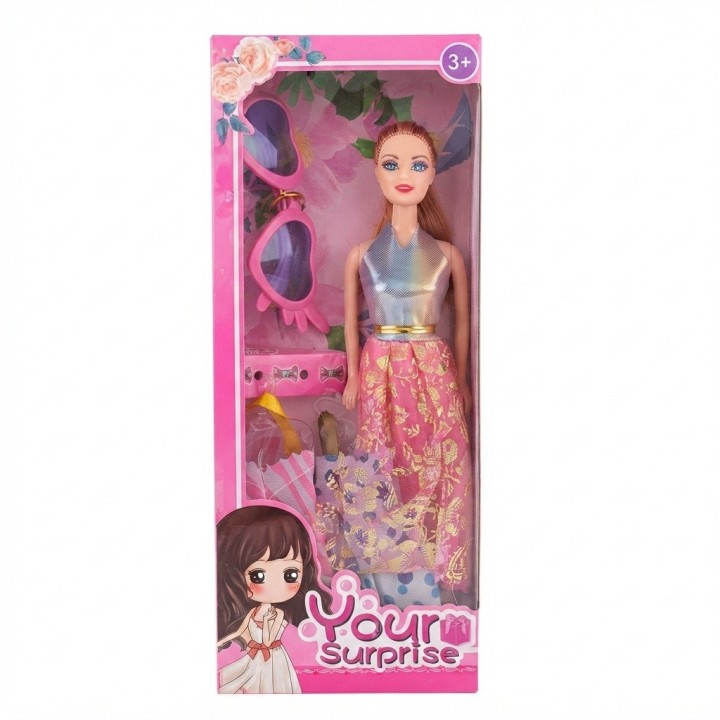Set Muñeca Your Surprise Cabello Largo + Ropa Y Gafas
