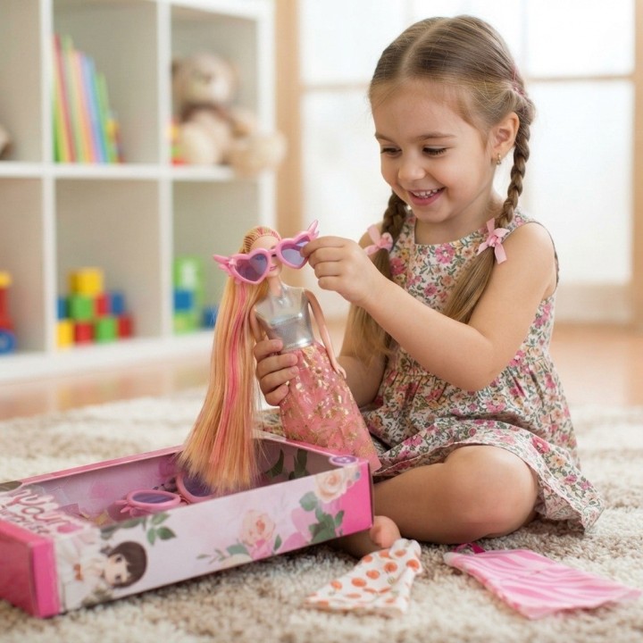 Set Muñeca Your Surprise Cabello Largo + Ropa Y Gafas