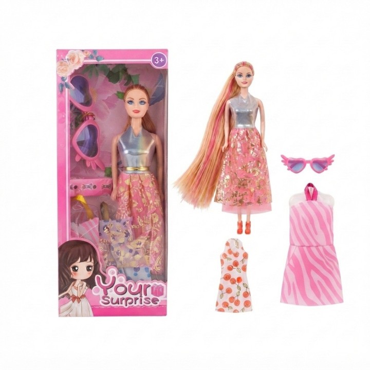 Set Muñeca Your Surprise Cabello Largo + Ropa Y Gafas