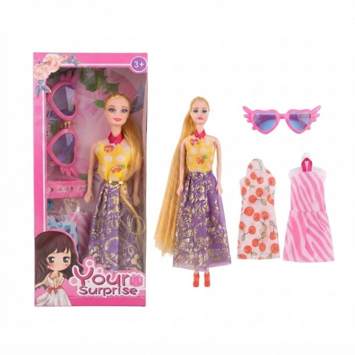 Set Muñeca Your Surprise Cabello Largo + Ropa Y Gafas
