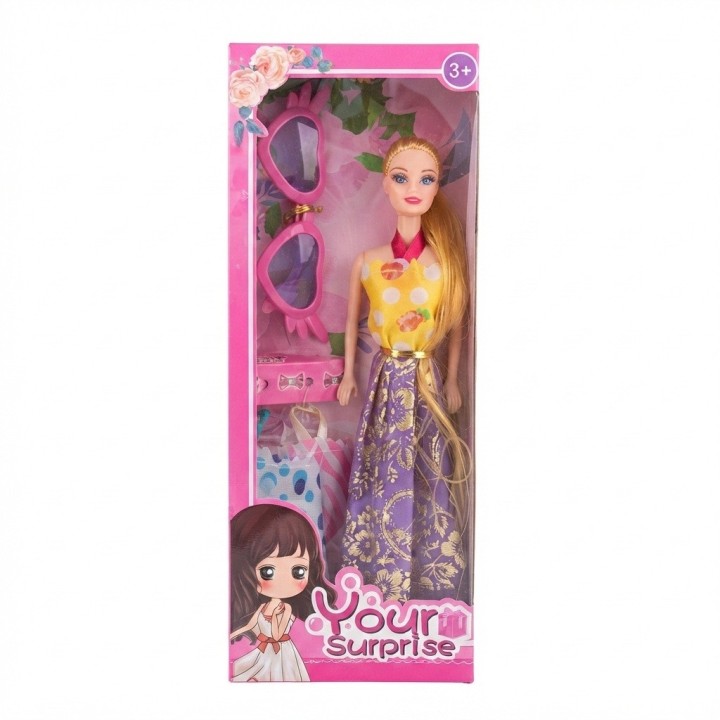 Set Muñeca Your Surprise Cabello Largo + Ropa Y Gafas