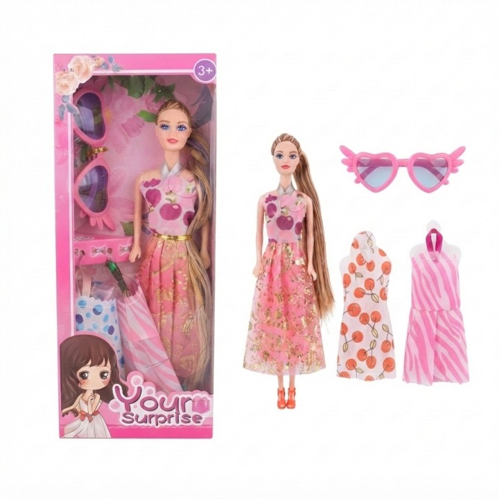 Set Muñeca Your Surprise Cabello Largo + Ropa Y Gafas