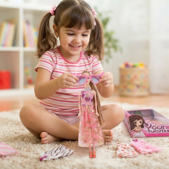 Set Muñeca Your Surprise Cabello Largo + Ropa Y Gafas