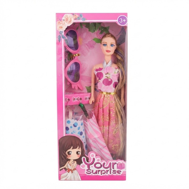Set Muñeca Your Surprise Cabello Largo + Ropa Y Gafas