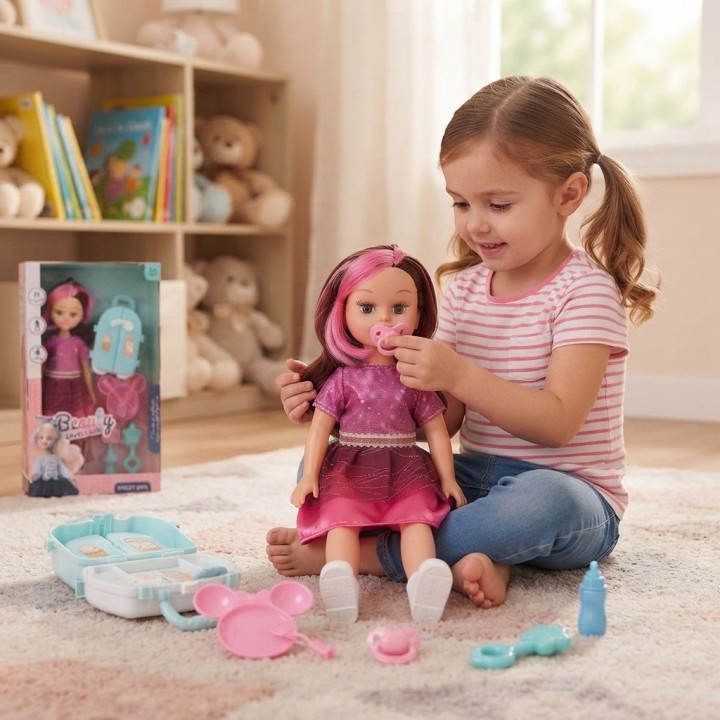 Set Muñeca Beauty Lovely Girl Con Nevera Y Accesorios