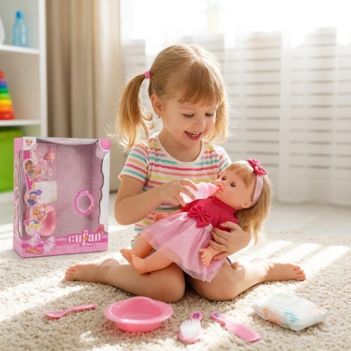 Set Muñeca Bebé Cufan Hace Pipí Con Pañal Y Accesorios