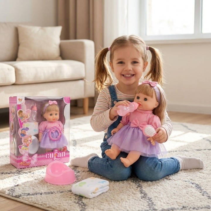 Set Muñeca Bebé Cufan Hace Pipí Con Pañal Y Accesorios