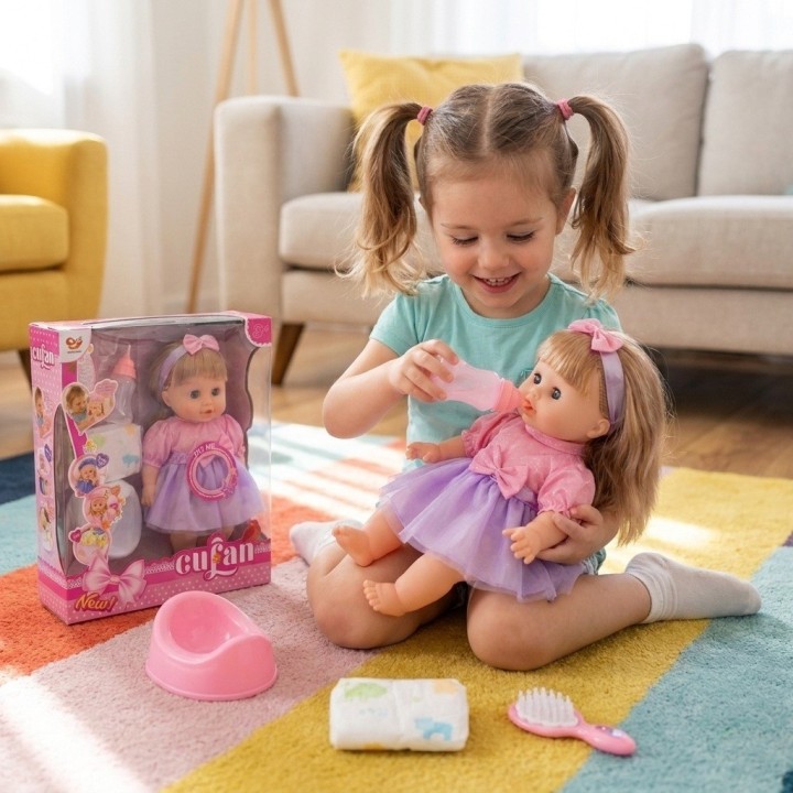Set Muñeca Bebé Cufan Hace Pipí Con Pañal Y Accesorios
