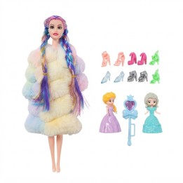 Set Muñeca Trenzas Colores Abrigo Maleta Y Zapatos