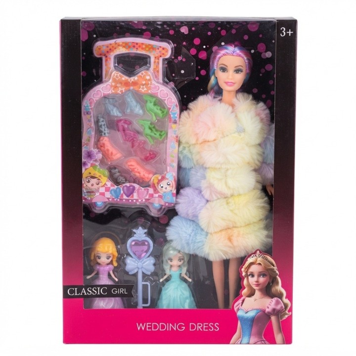 Set Muñeca Trenzas Colores Abrigo Maleta Y Zapatos