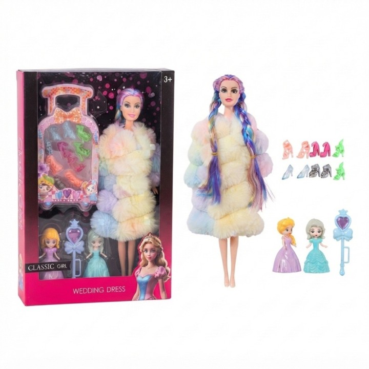 Set Muñeca Trenzas Colores Abrigo Maleta Y Zapatos