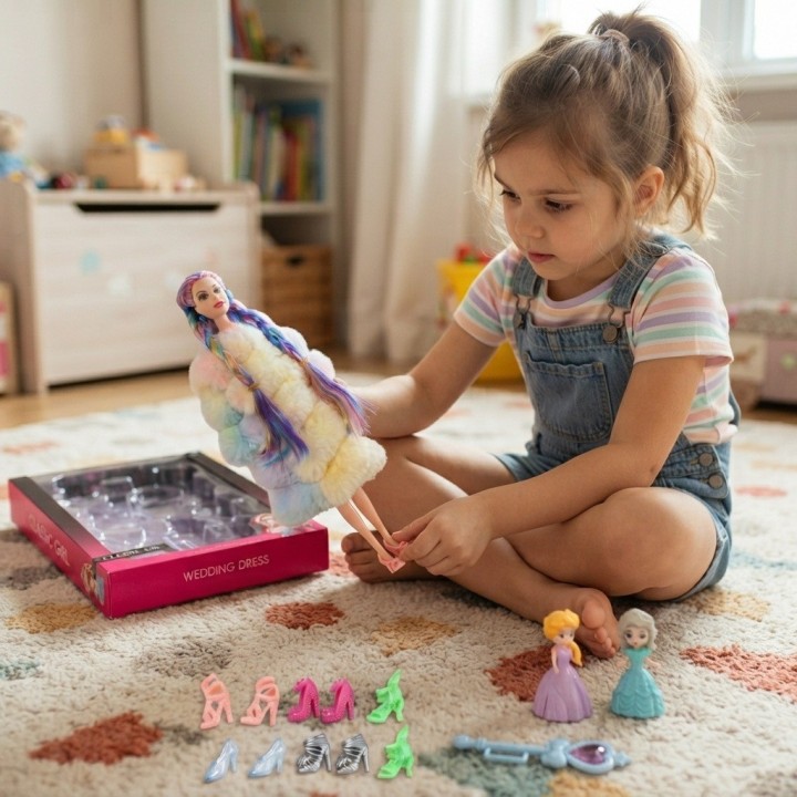 Set Muñeca Trenzas Colores Abrigo Maleta Y Zapatos