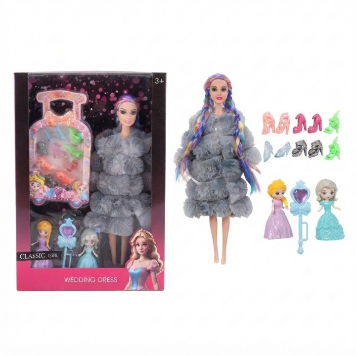 Set Muñeca Trenzas Colores Abrigo Maleta Y Zapatos