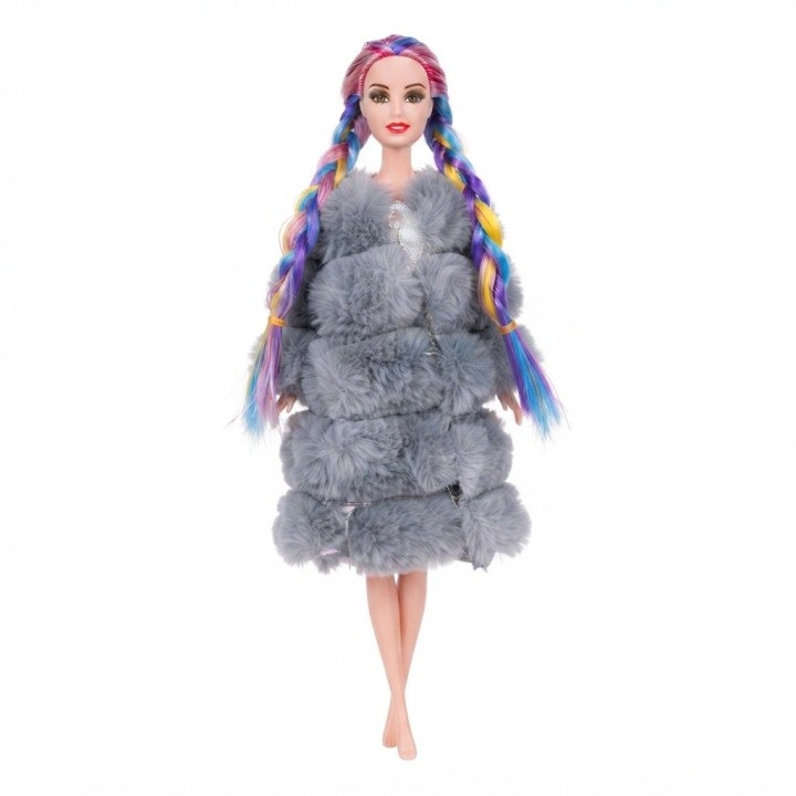 Set Muñeca Trenzas Colores Abrigo Maleta Y Zapatos
