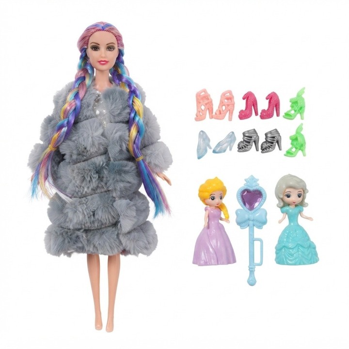Set Muñeca Trenzas Colores Abrigo Maleta Y Zapatos